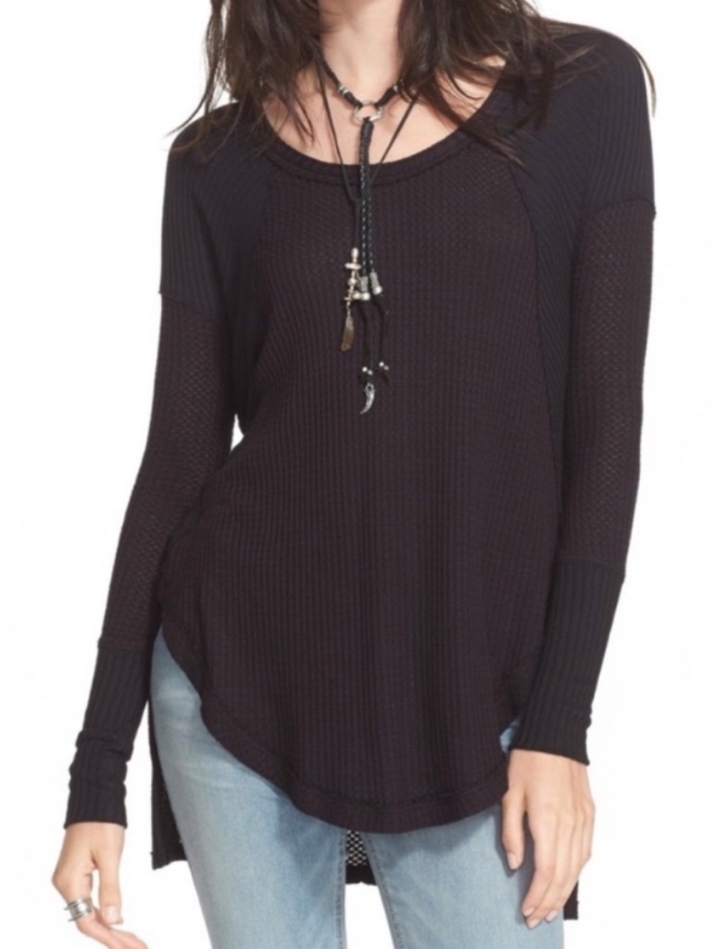 Free People | Black Ventura Waffle Thermal Top XS